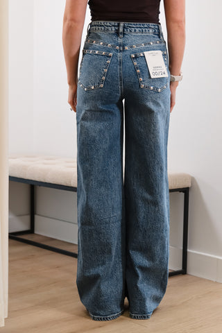 Studded jeans, blue jeans, blue studded jeans, wide leg jeans, high rise jeans, fall jeans, dark denim 