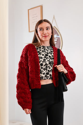 Chunky Red cardigan, Cropped red cardigan, open cropped cardigan, red cardigan