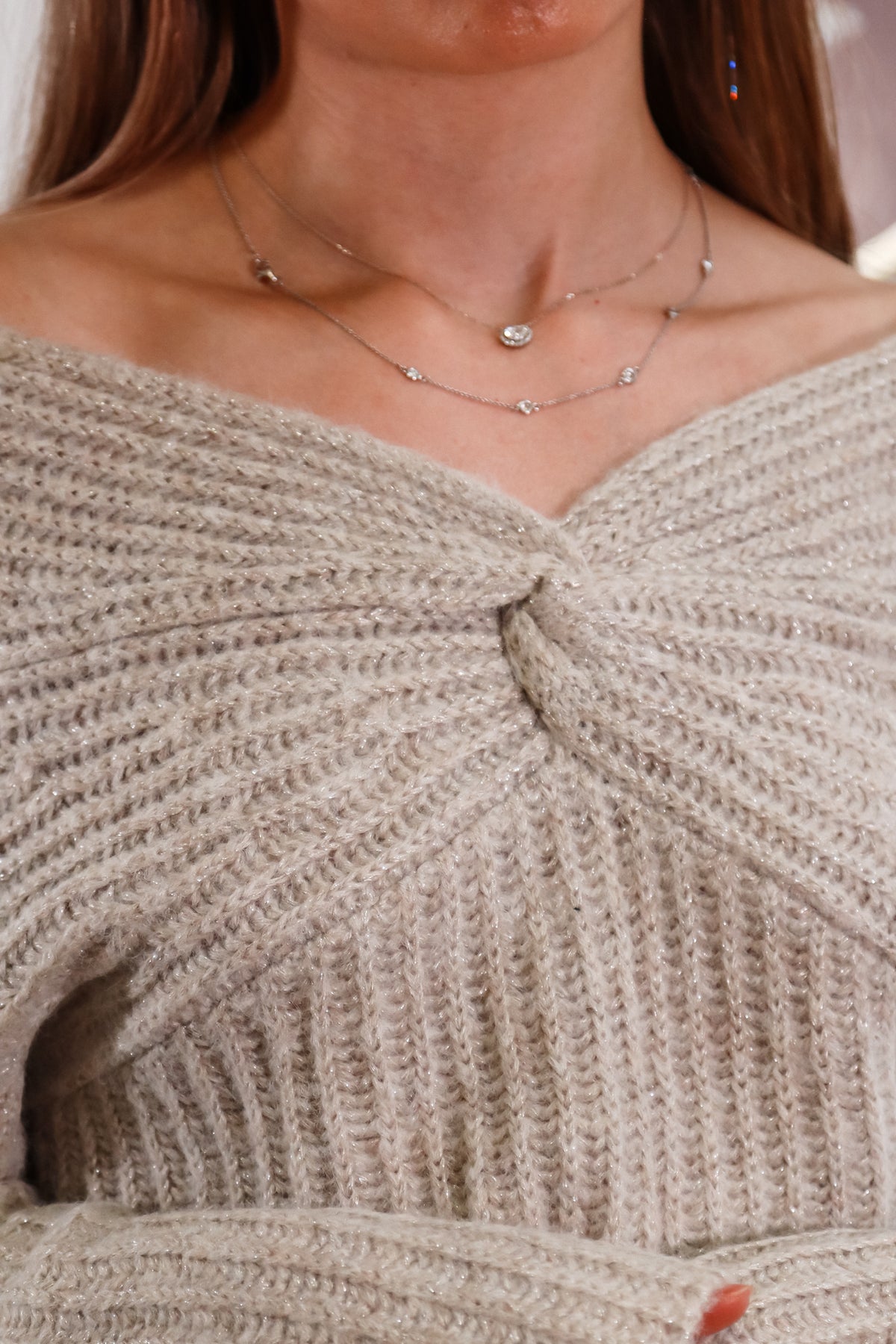 sweater, off the shoulder sweater, fall outfit inspo, oatmeal color sweater, front twist sweater, front twist off the shoulder sweater