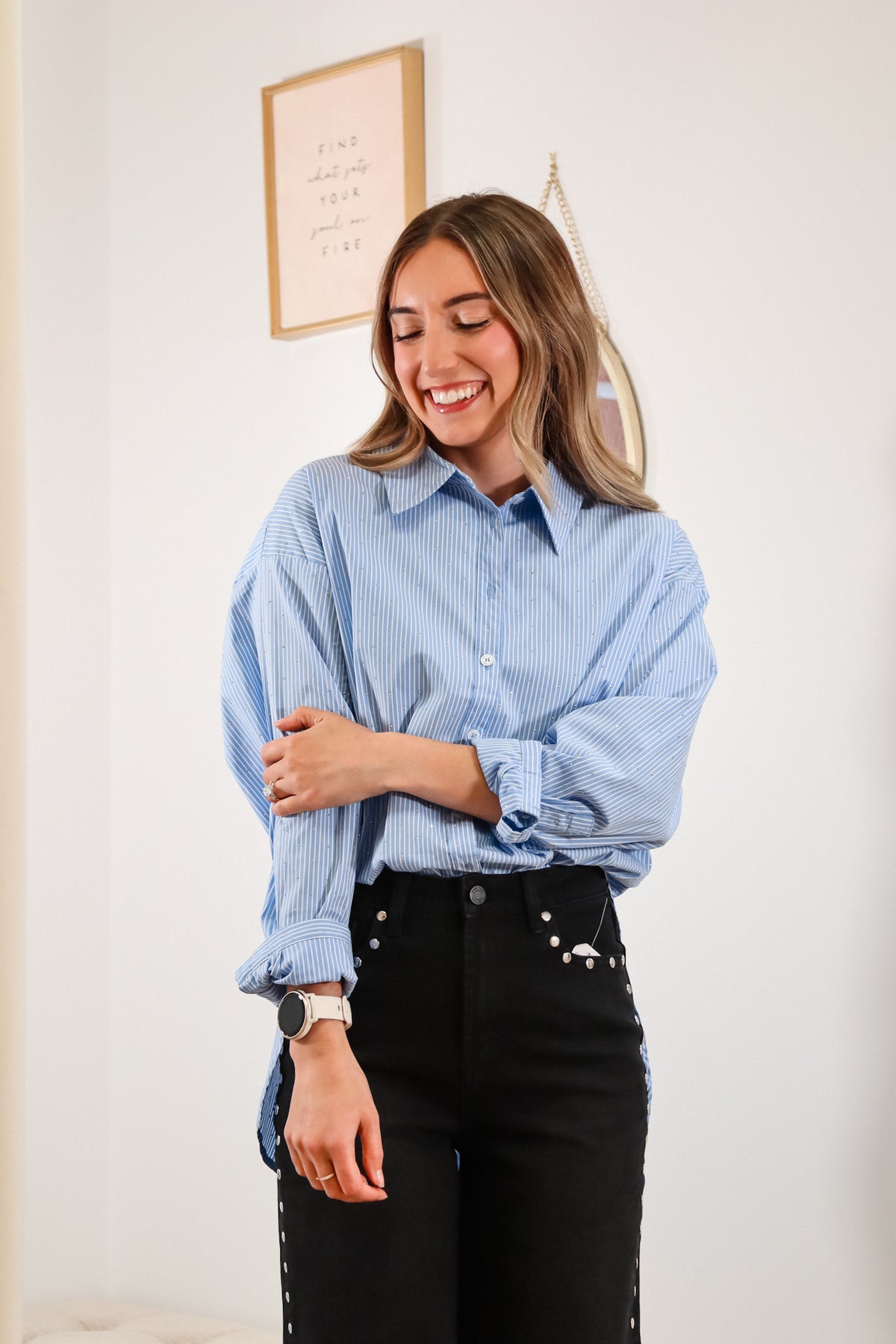 Button down, stripped button down, blue button down, sparkly button down, fall outfit Inspo, blue and white stripped button down  