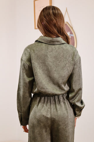 Matching set, satin green button down, collared shirt