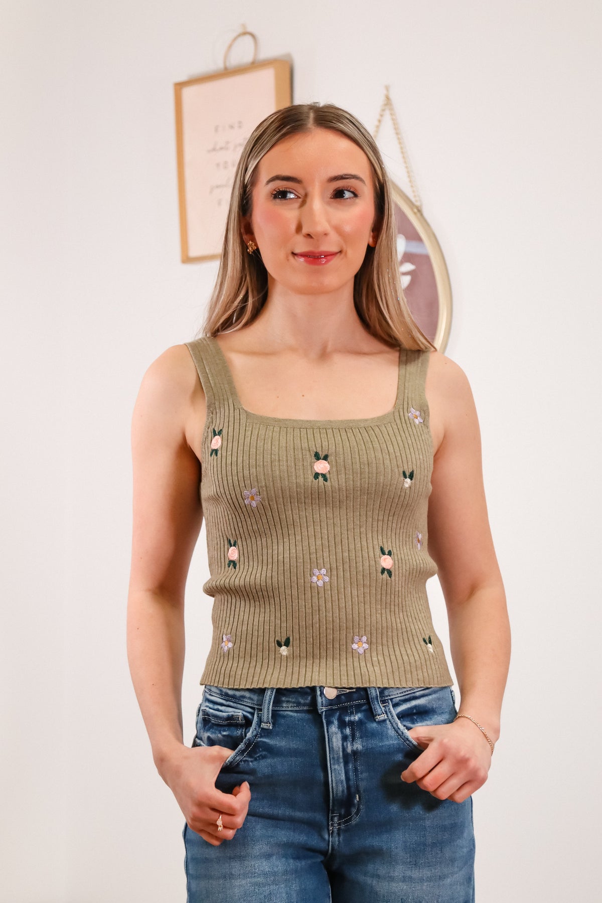 floral embroidery on knit square neck knit tank tops in both white and olive