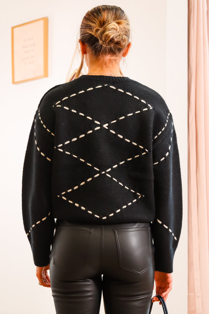 
Black sweater with white stitching, Black fall sweater, Fall sweater, White stitched sweater
