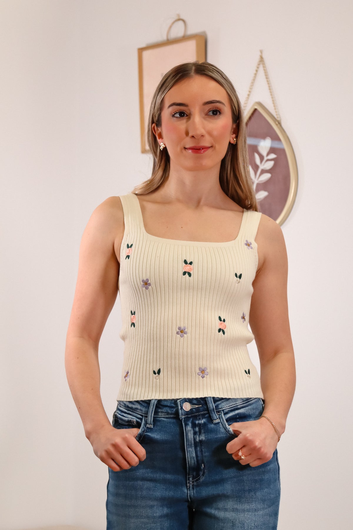 floral embroidery on knit square neck knit tank tops in both white and olive