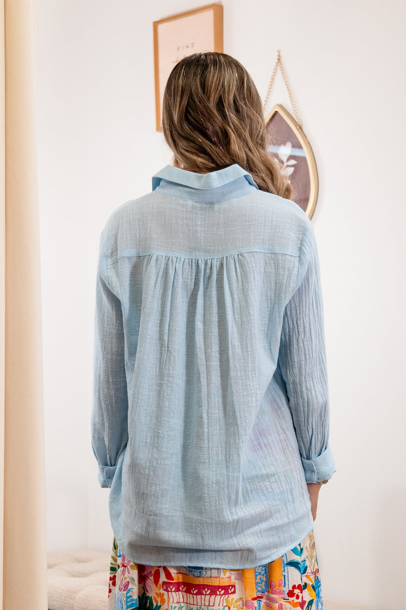 Button up, blue button up, long sleeve top, blue top