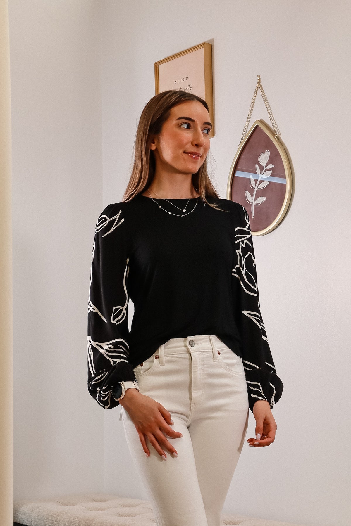 Black long sleeve shirt with white designs on the sleeves, casual black long sleeve shirt, long sleeve shirt for fall or winter