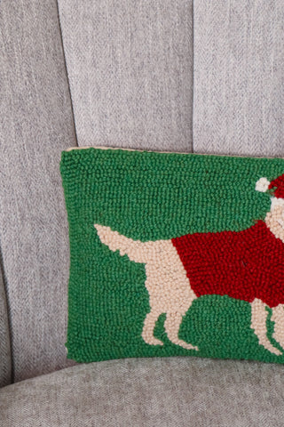 Green dog dressed as Santa pillow, festive pillow, holiday throw pillow