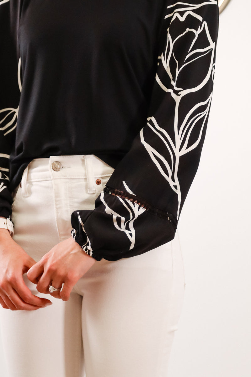 Black long sleeve shirt with white designs on the sleeves, casual black long sleeve shirt, long sleeve shirt for fall or winter