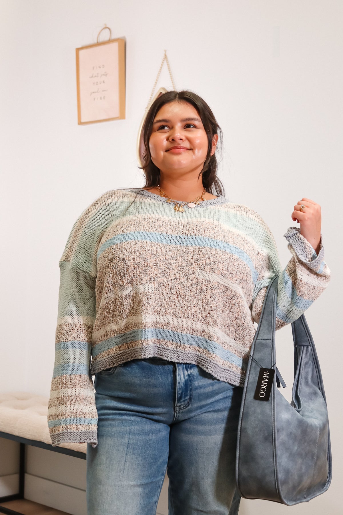 mixed knit sweater, mulit color sweater in shades of blue, grey, and white, long sleeves, oversized