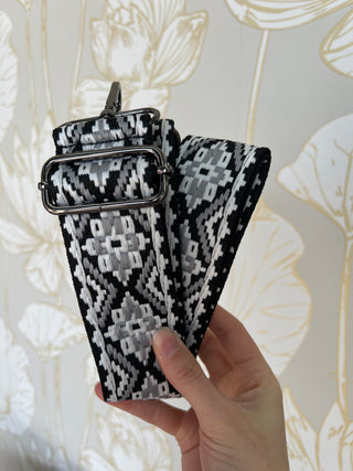 Patterned purse strap, black and white purse strap, purse strap with silver hardware