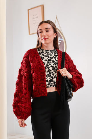 Chunky Red cardigan, Cropped red cardigan, open cropped cardigan, red cardigan