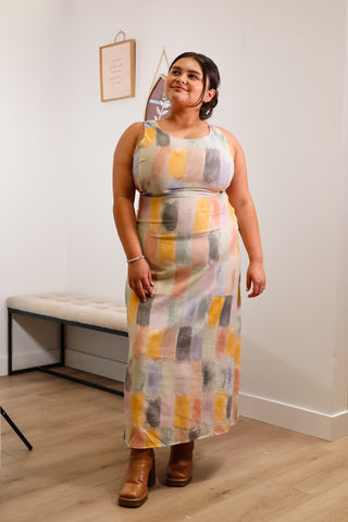 linen dress with watercolor paint swatch print, midi length, sleeveless