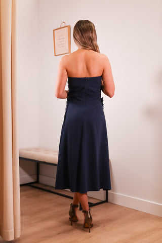 strapless navy blue dress with adjustable side scrunch, midi length dress, spring dress