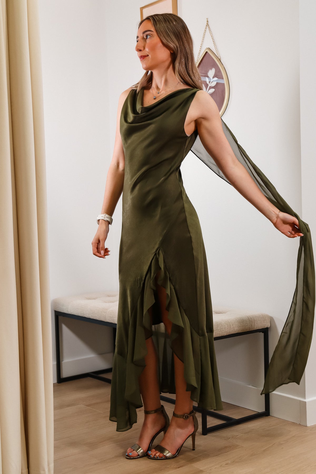 Elegant olive green midi dress, ruffled leg slit, cowl neck, additional neck scarf, V back
