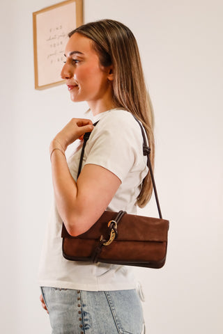 Brown strap handbag with a gold accent, unique brown classy handbag