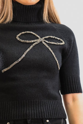 Black turtle neck short sleeve sweater with a bow on the front, Holiday black turtle neck sweater with a bow