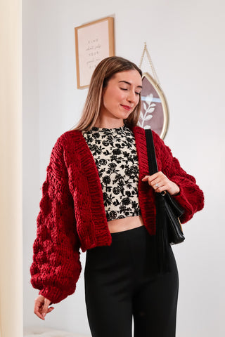 Chunky Red cardigan, Cropped red cardigan, open cropped cardigan, red cardigan