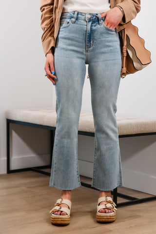 Crop flare jeans, light wash jeans, high rise jeans