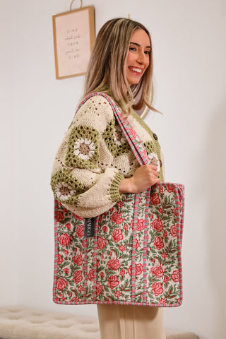 pink and green floral quilted tote bag with top zipper closure