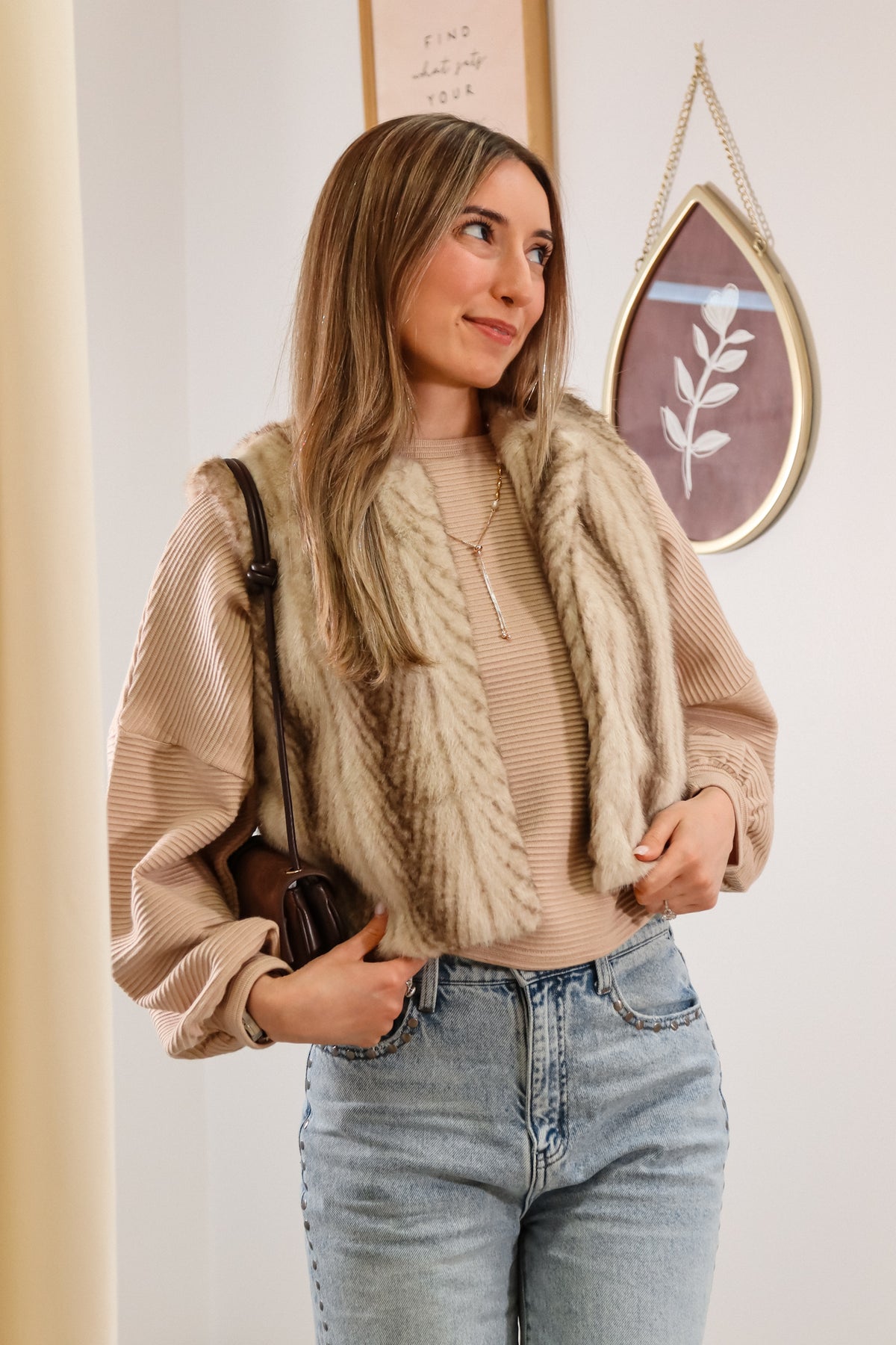 Tan Fur cropped vest, fur animal pattern vest, tan vest