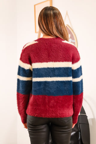 Stripped cardigan, cardigan, fuzzy cardigan, fuzzy stripped cardigan, red white and blue cardigan, v neck cardigan