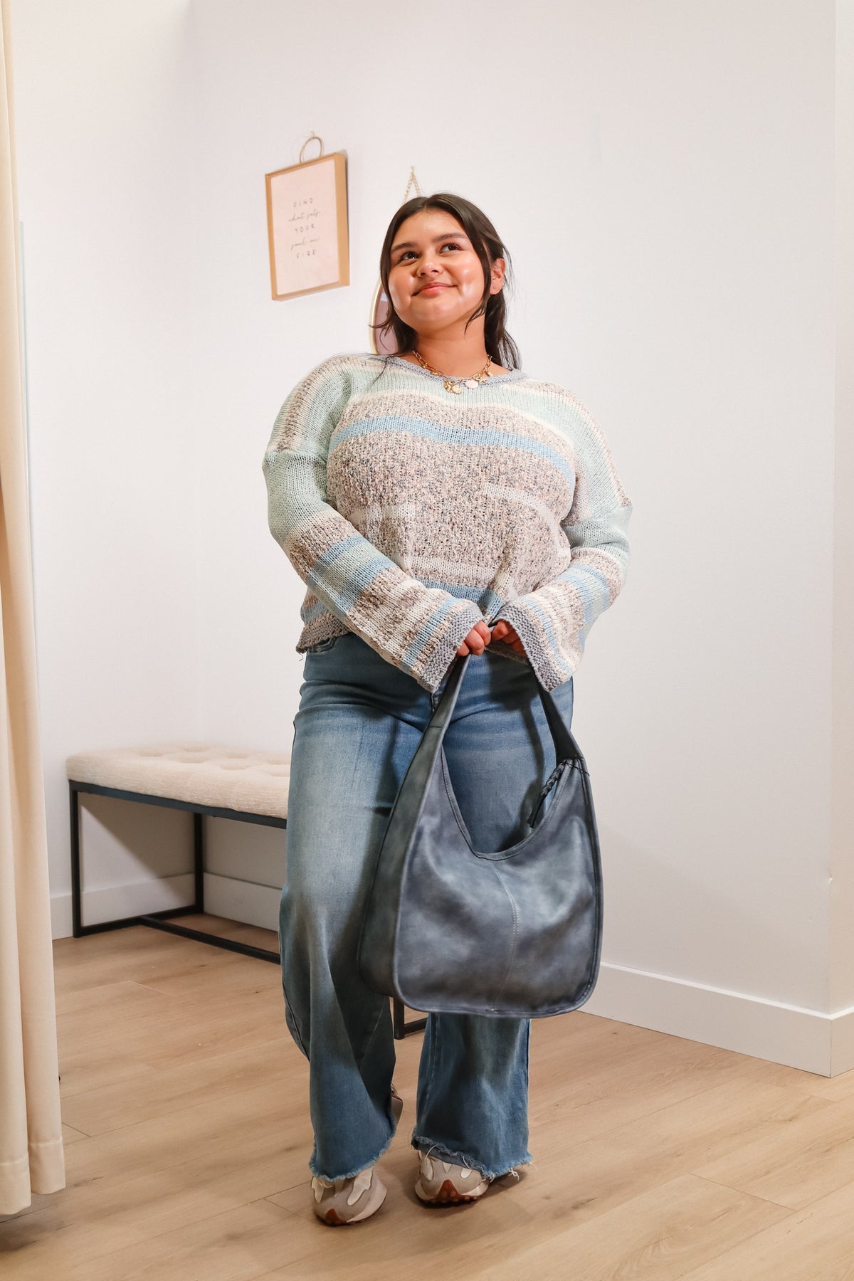 mixed knit sweater, mulit color sweater in shades of blue, grey, and white, long sleeves, oversized