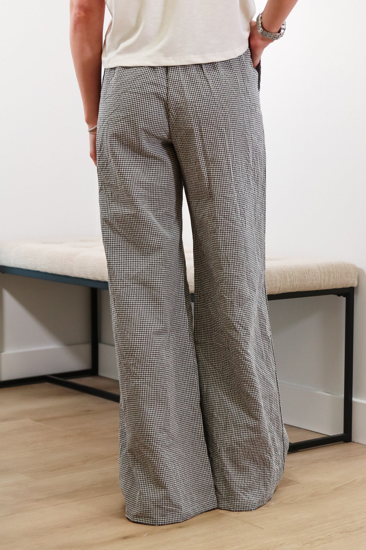 Gingham pants, black and white pants, wide leg pants