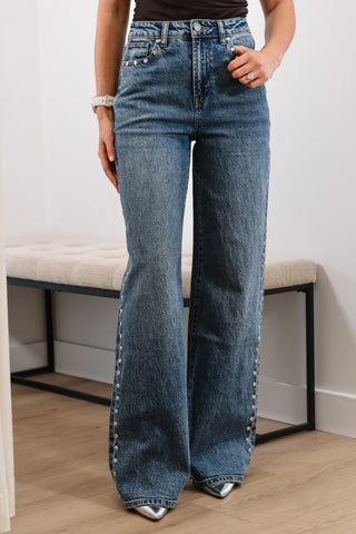 Studded jeans, blue jeans, blue studded jeans, wide leg jeans, high rise jeans, fall jeans, dark denim 