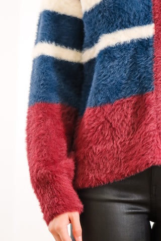 Stripped cardigan, cardigan, fuzzy cardigan, fuzzy stripped cardigan, red white and blue cardigan, v neck cardigan