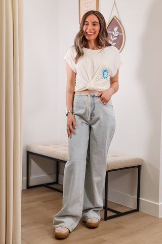 Mid rise jeans, light wash jeans, wide leg jeans