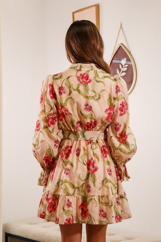 mini dress, floral dress, long sleeve dress, v neck dress, dresses with belt, summer dress, spring dress, vacation dress