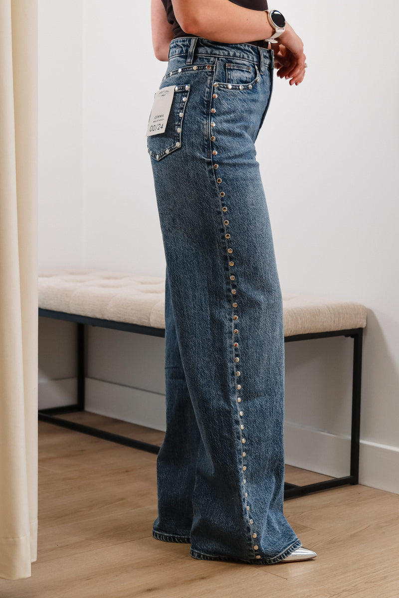 Studded jeans, blue jeans, blue studded jeans, wide leg jeans, high rise jeans, fall jeans, dark denim 