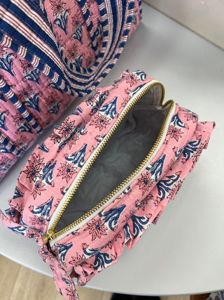 cute pouches, pink pouches, quilted pouch, cute quilted pouch, floral pouch floral quilted pouch, farylina pouches , pouches for makeup, pouches for travel, multicolor pouches, pink and blue pouches, pink and blue floral pouch, ruffle pouch