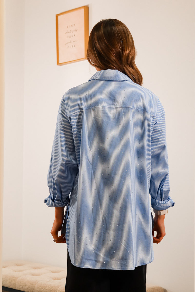 Button down, stripped button down, blue button down, sparkly button down, fall outfit Inspo, blue and white stripped button down  