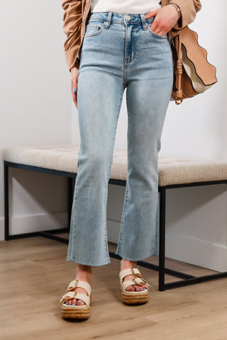 Crop flare jeans, light wash jeans, high rise jeans