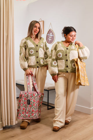 yellow quilted tote bag with zipper closure