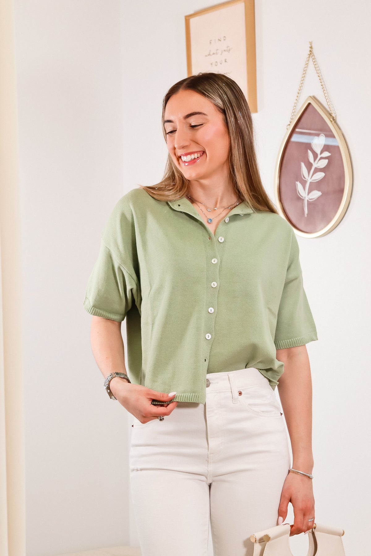 Gracie - Short Sleeve Cardigan - Sage