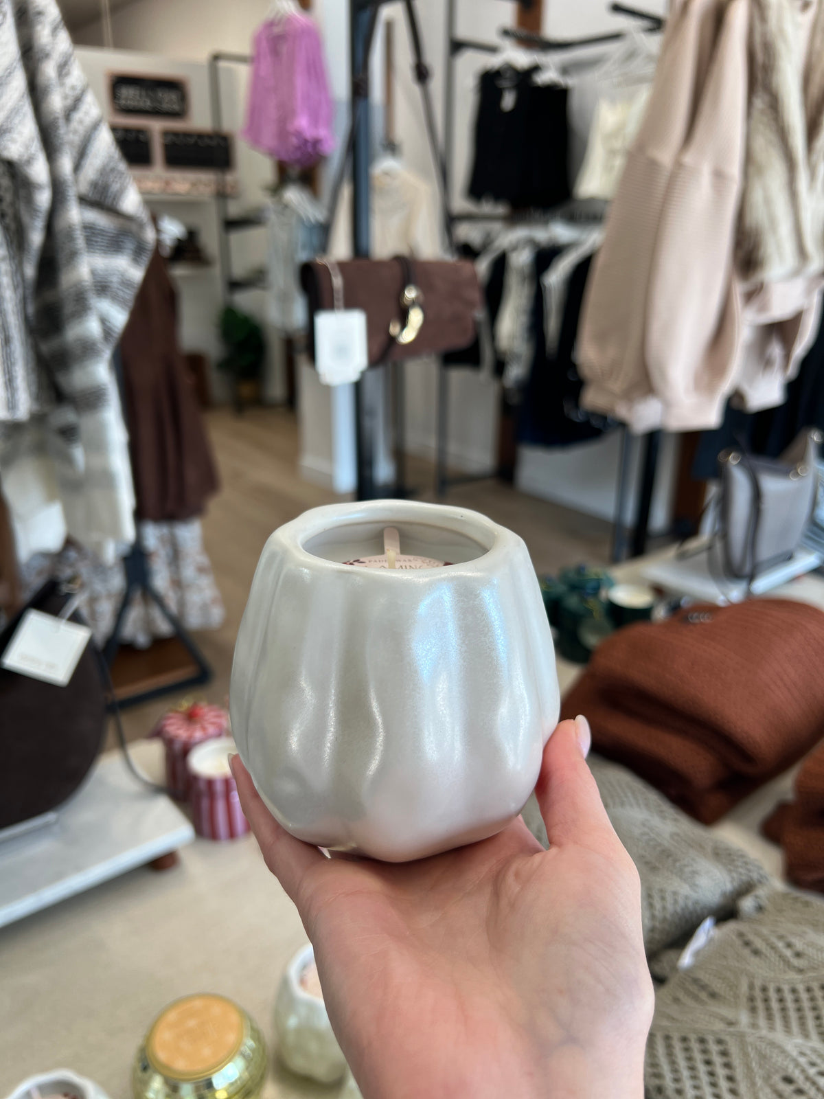 white ceramic candle, fall scent, flaming pumpkin scent