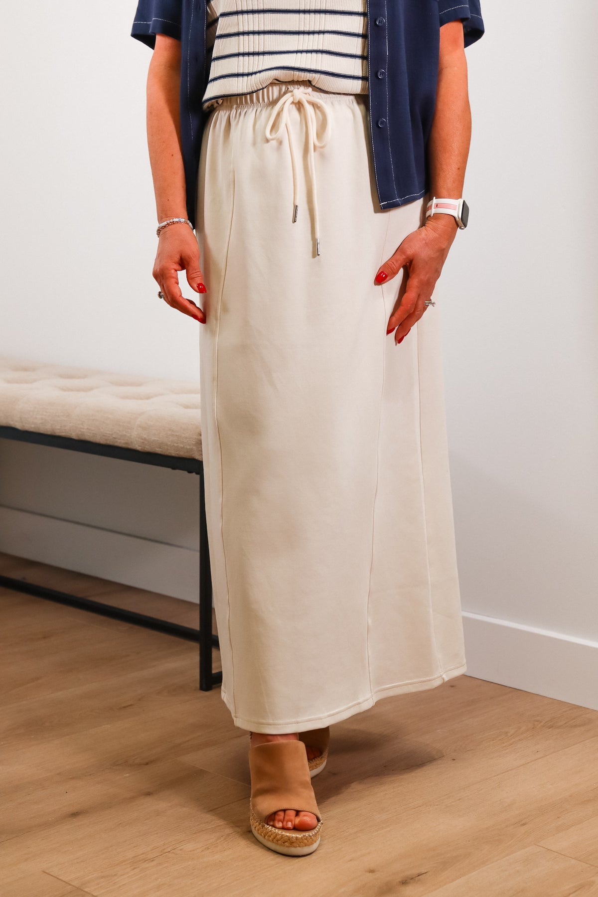 off white midi length skirt, elastic waistband skirt, spring skirt