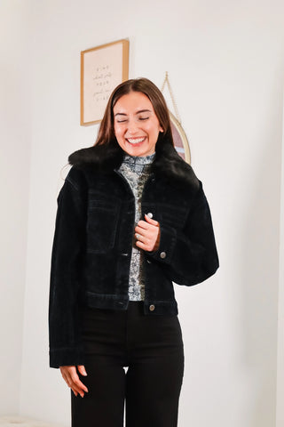 Navy Blue Denim jacket, Navy blue jacket, Jacket with fur collar, removable fur collar jacket, Cute winter jacket, Jean jacket