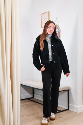 Navy Blue Denim jacket, Navy blue jacket, Jacket with fur collar, removable fur collar jacket, Cute winter jacket, Jean jacket