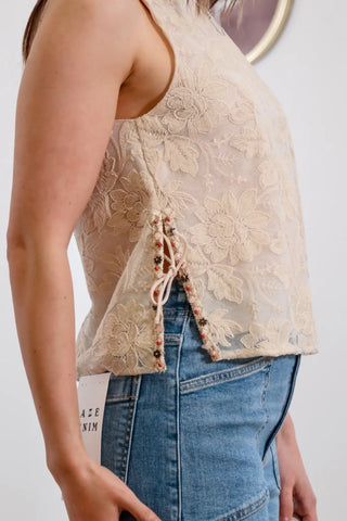 Lace top, Sleeveless top, cute design, beaded detail, beige top, neutral top, high neck top