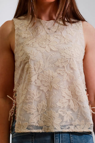 Lace top, Sleeveless top, cute design, beaded detail, beige top, neutral top, high neck top