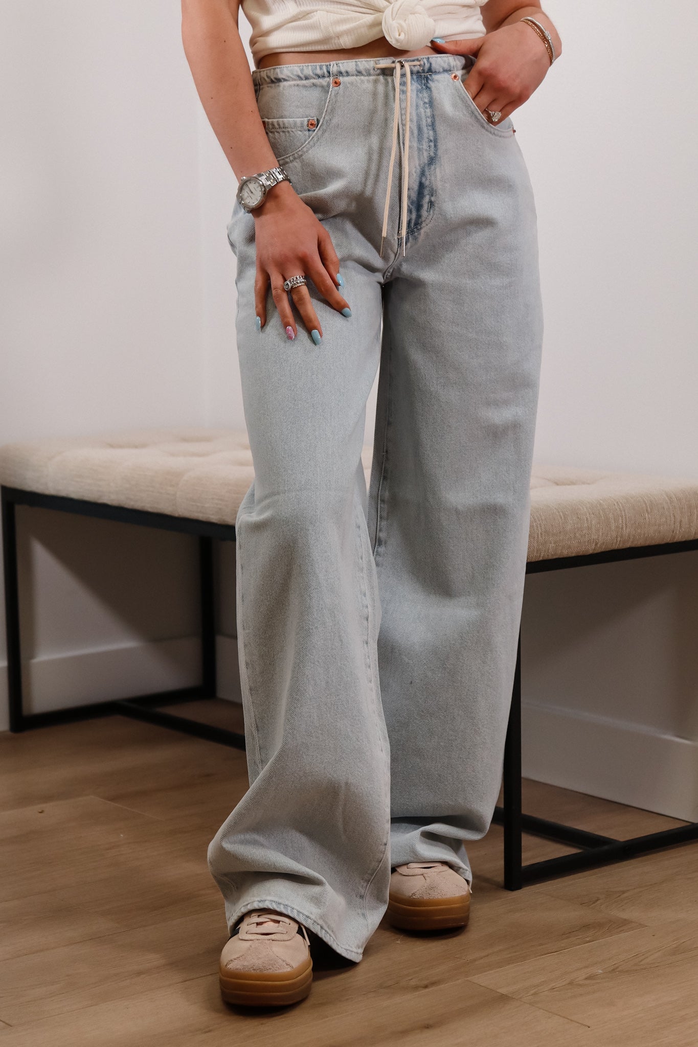 【MODIMOOD】DAILY WIDE WASHING DENIM High Rise Every Day Soft Novelty Button Wide Leg Jean