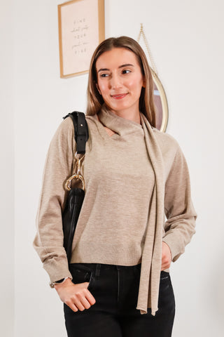 beige sweater, fall sweater, fall outfit inspo, sweater with scarf, beige sweater with scarf
