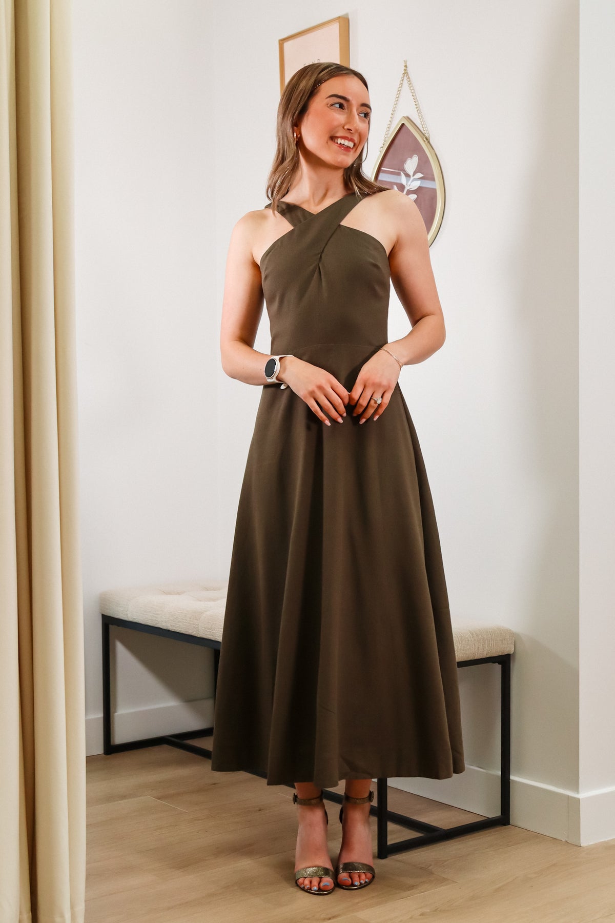 Cross neck olive green linen maxi dress