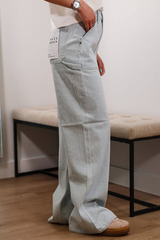 High rise jeans, wide leg jeans, stripped denim, stripped pants
