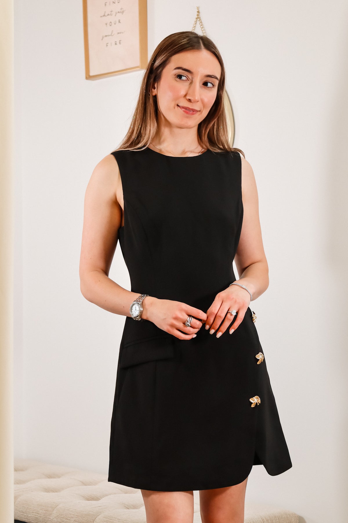 Nixie Dress- ASTR the label, short black dress, black dress with gold hardware, Black classy dress