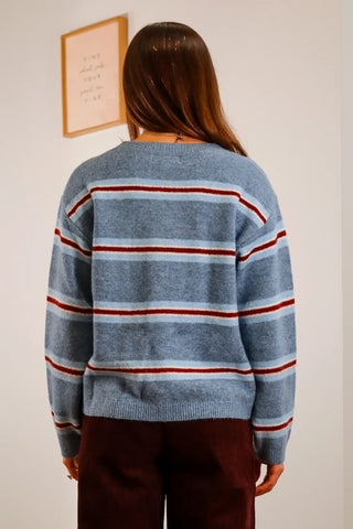 Blue sweater, Cubs game fits, cute sweaters, sweater fit inspo, Blue and Red sweater, Chicago fits, Chicago outfit inspo, cute sweaters