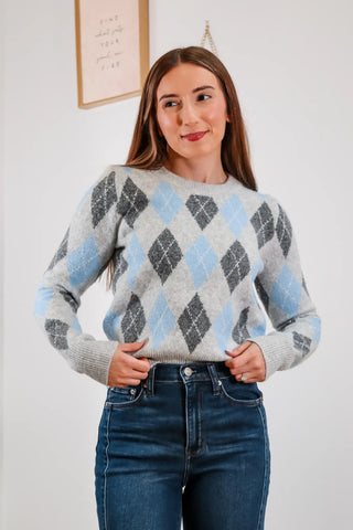 Argyle sweater, blue sweater, grey sweater, long sleeve sweater, warm sweater, fall sweater, fun sweater